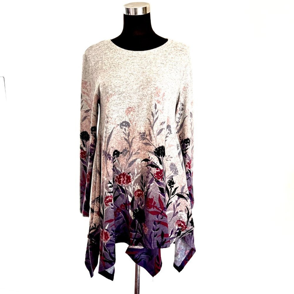 NWT Orange Fashion Village Floral Gray Printed Asymmetric Sweater Tunic